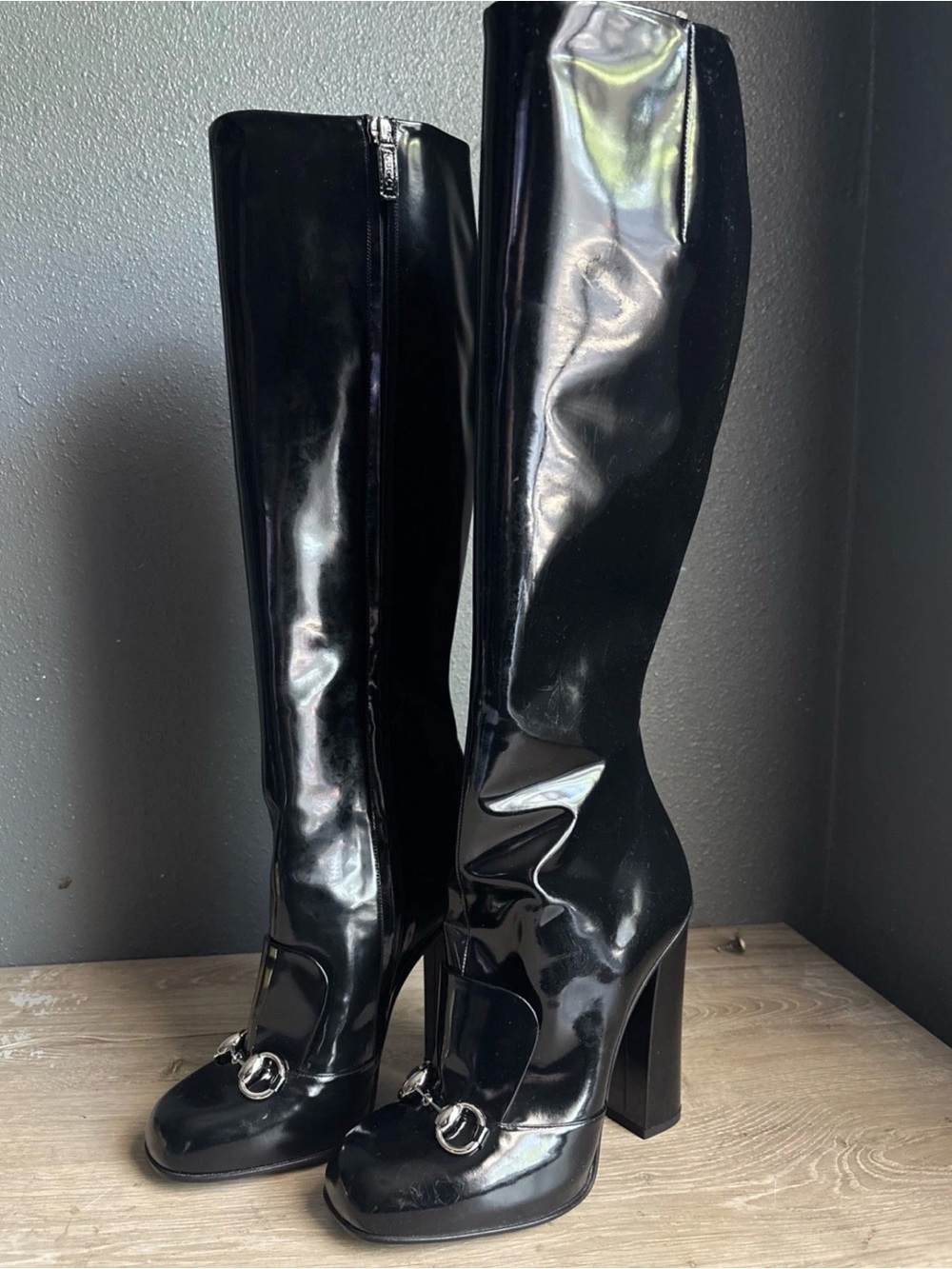Gucci Knee High Patent Leather boots women Black Sz 37.5